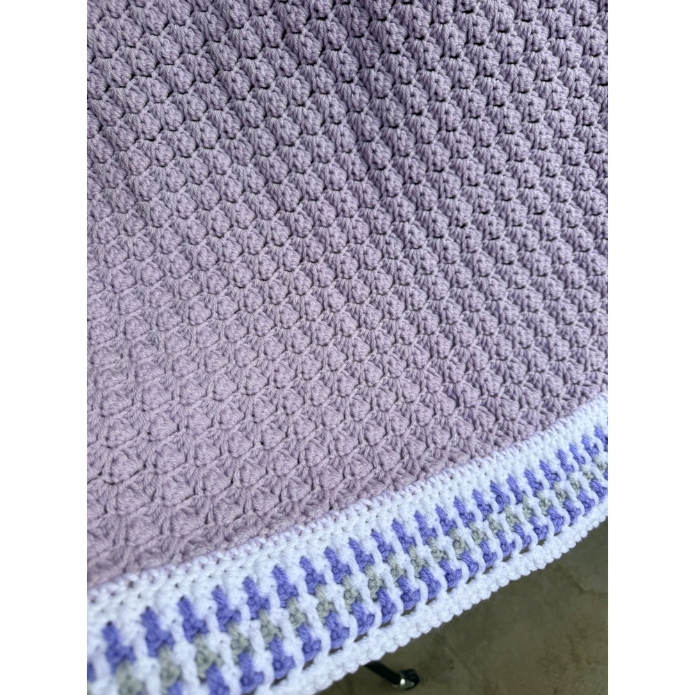 Handmade Crochet Baby Blanket Lavender Purple White Grey Bobble Stitch Textured